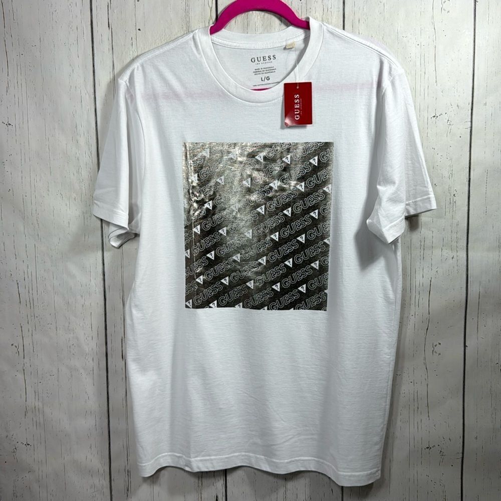 Guess Los Angeles Graphic White Metallic Logo Cotton Short Sleeve Womens Tee